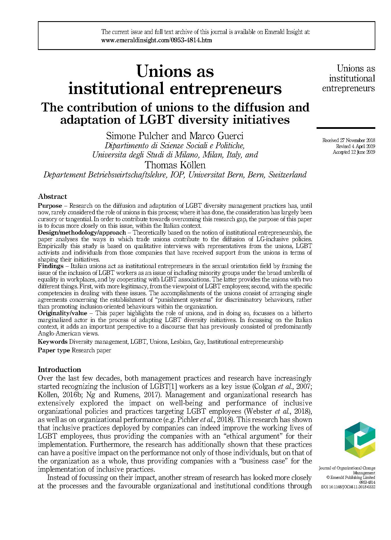 Titelseite Unions as institutional entrepreneurs